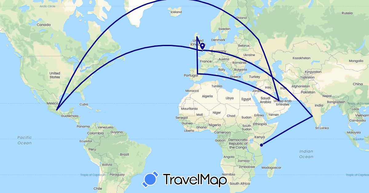 TravelMap itinerary: driving in Spain, United Kingdom, India, Kenya, Mexico, Qatar, Russia (Africa, Asia, Europe, North America)